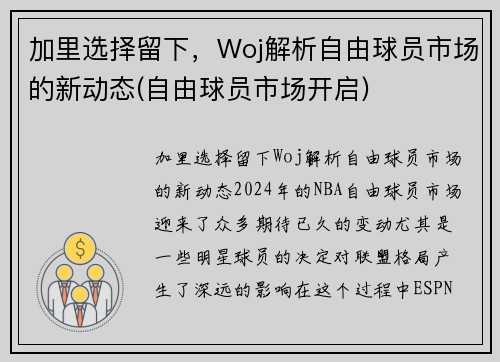 加里选择留下，Woj解析自由球员市场的新动态(自由球员市场开启)