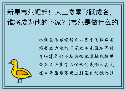 新星韦尔崛起！大二赛季飞跃成名，谁将成为他的下家？(韦尔是做什么的)