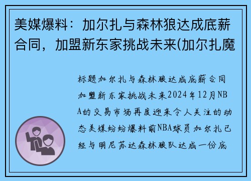 美媒爆料：加尔扎与森林狼达成底薪合同，加盟新东家挑战未来(加尔扎魔进战队)