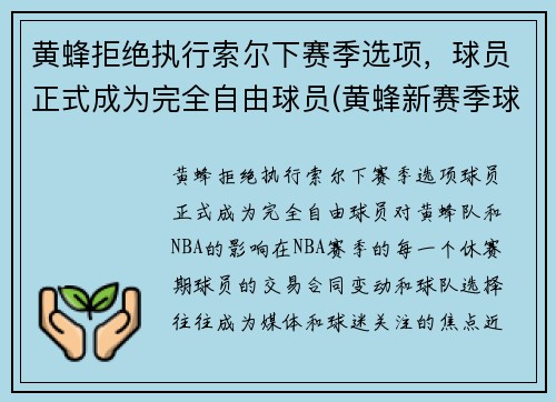 黄蜂拒绝执行索尔下赛季选项，球员正式成为完全自由球员(黄蜂新赛季球衣)